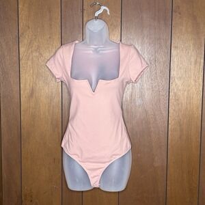 Lulus Bodysuit Women S Blush Pink Notched Neck Fitted Minimalist Baddie Feminine